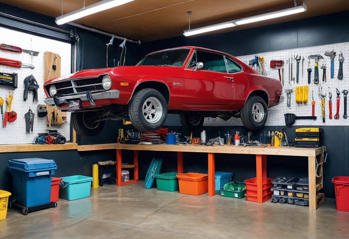 A well-organized garage workspace with a car on a lift, surrounded by essential tools like wrenches, screwdrivers, and car parts laid out neatly. In the background, a step-by-step DIY guide is visible on a wall. The atmosphere is bright and inviting, encouraging hands-on repair work. super-realistic. vibrant colors. dynamic composition.
