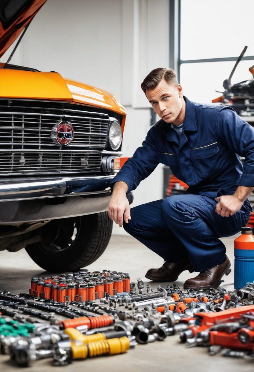 A dynamic scene featuring a car mechanic inspecting replacement parts in a well-lit garage, with various tools and car components scattered around. The mechanic is focused, wearing a uniform, while colorful replacement parts like spark plugs and filters are prominently displayed. The background showcases a vintage car undergoing repairs, giving a sense of craftsmanship. The image conveys a sense of professionalism and expertise in car maintenance. super-realistic. vibrant colors. white background.